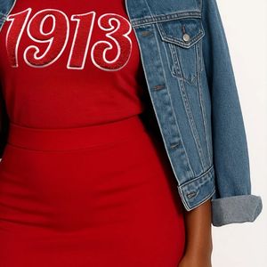 Delta 1913 Chenille Embroidered Tee Premium Cotton Sorority Apparel DST Greek Clothing <b>Red</b> Pride T Shirt Top - Product Image 4