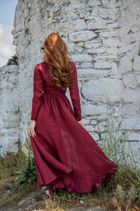 Longue enveloppe bordeaux lin Maxi à manches longues robe femmes Boho robe Offre Spéciale Maxi robe 2025 femmes vêtements été - Product Image 5