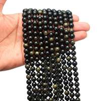 Perles lisses en obsidienne dorée naturelle et quartz rutile, taille de perles de 0,8 mm, longueur de 15 pouces, fil de pierres précieuses noir/vert doré pour bijoux