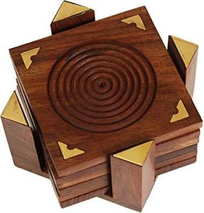 Indian Hand-Carved Set of 6 Wooden Bar Drink Coaster Holder for Tea Cups Coffee Mugs Water <b>Glasses</b> Serving As Mats & Pads - Product Image 1
