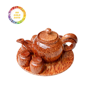 Service à thé en bois de coco artisanal, durable, 6 tasses, en forme de feuille, vaisselle en bois naturelle, décoration d'intérieur, accessoires pour le café et le thé - Product Image 1