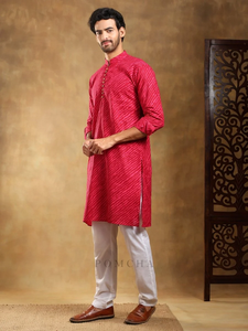 NAVRANG Vintage Pink Cotton Leheriya Kurta Set para hombres Étnicamente Seda Chikankari Motivos para bodas Fiestas Playas Diwali - Product Image 6