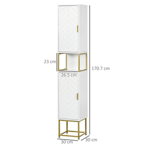 kleankin Bathroom Column with 2 Cabinets and <b>Shelf</b> in MDF and Steel, 30x30x170.7cm, White and <b>Gold</b> - Product Image 3