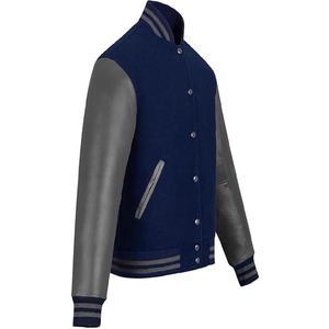 Men Premium navy Blue and Grey Varsity Jacket Authentic Letterman Bomber with Leather Look Contrast Sleeves - Product Image 3