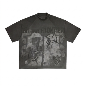 Camiseta 100% algodón para hombre, corte holgado, estampada, Premium, 240 GSM, algodón grueso, lavado vintage, negra, con estampado gráfico de calavera de guerra. - Product Image 2