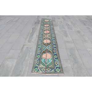 Alfombra Turca Vintage de 1.9x11.6 pies (58x355 cm), Alfombra de Lana Azul Ombré - Product Image 1