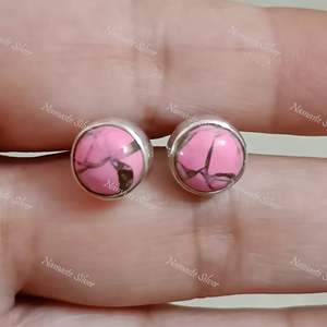 925 Sterling <b>Silver</b> <b>Stud</b> <b>Earrings</b> Minimalist Pink Turquoise Gemstone Ball Handmade Jewelry with Copper Posts - Product Image 4