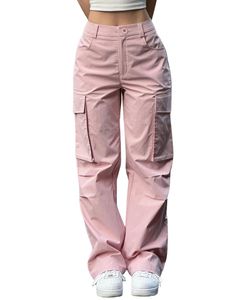 Pantalon cargo rose clair pour femme, taille haute, jambe large, pantalon utilitaire, streetwear, coupe ample, multi-poches, pantalon tendance - Product Image 1