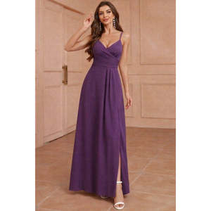 Women's Spaghetti Strap Wrap Neck Slit <b>Long</b> Imported Crepe Dress, 33223 - Product Image 1