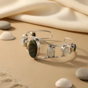 Bracelet manchette en argent sterling 925 avec pierres précieuses pour femmes, accessoires de mode - Product Image 1