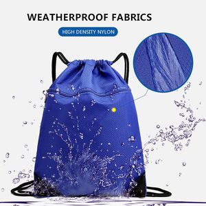 Blue Polyester <b>Drawstring</b> <b>Backpack</b> with Zippered Pocket Portable Sport Bag for Gym and Travel Gift Packaging - Product Image 3