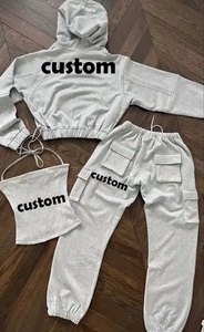 ชุดวอร์มกางเกงคาร์โก้และกางเกงมีฮู้ดสำหรับผู้หญิง3ชิ้นชุดวอร์มคอตตอนผ้าเกล็ดปลาปักลาย - Product Image 4