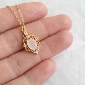 Collar de Plata de Ley 925 con Cuarzo Rosa, Joya Rosa Pálido, Estilo Vintage, Filigrana Art Deco, Certificado IGI, Regalo Bridgerton para Mujer - Product Image 3