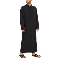 Thobe Pria Hitam Katun Lengan Panjang Kerah Tegak Panjang hingga Lutut Pakaian Sholat Sederhana Gaya Timur Tengah Regular Fit