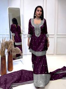 DESIGNER WEAR ORGANZA EMBROIDERY WORK SHARARA BLOUSE WITH <b>SHRUG</b> SKY - Product Image 4