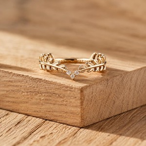 Bague en or massif 14 carats avec diamant de laboratoire raffiné taille ronde, motif feuille chevron, 0,03 ct E-F VS, sertie à griffes, cadeau idéal pour le quotidien - Product Image 5