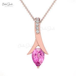 Pendentif délicat en saphir rose taille poire 6x4 mm et diamants pavés en or massif 14 carats, collier personnalisé pour femmes - Product Image 3