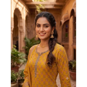 Ensemble Kurta et Palazzo Traditionnel Indien pour Femme en Coton Jaune, Vêtement Ethnique de Créateur, Coton Premium, Impression Numérique, Décontracté - Product Image 2