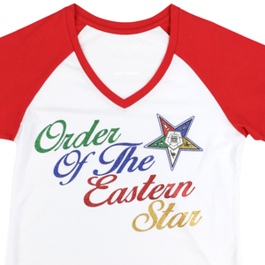 OES T-shirt blanc à col en V 100% coton Chemise Order of Eastern Star Vêtements de sororité fraternité personnalisés Manches raglan brodées - Product Image 2
