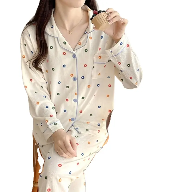 2023 maravilhosa noite vestidos Cardigan Lapela Pijama Carta Impressa Dos Desenhos Animados Pijama de manga comprida de duas peças Home Wear Set