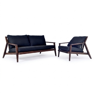 Ensemble de meubles de jardin en teck noyer foncé avec coussins en tissu Cartenza noir, canapé et fauteuil, pour aménagement de patio, design artistique pur - Product Image 1