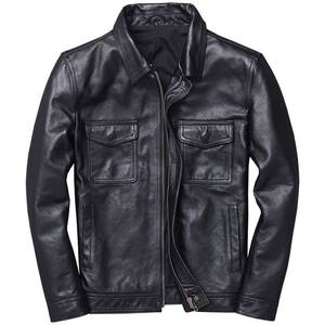 Blouson de motard vintage personnalisé pour homme en cuir véritable avec accents en peau de vache, col montant enduit et logo frontal - Product Image 2