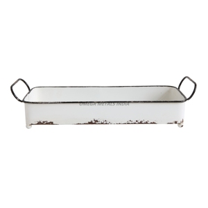 Bandeja de servicio rectangular blanca rústica con ribete negro y asas resistentes, ideal para organizar artículos y agregar encanto vintage - Product Image 1