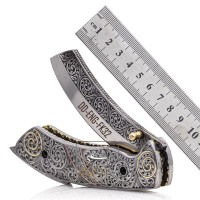 Couteau utilitaire pliant gravé à la main DD-ENG-FK28, lame en acier inoxydable de 90 mm, motifs floraux, bouton de pouce, options OEM, haute qualité