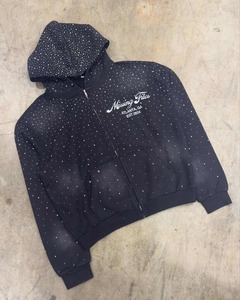 Sweat à capuche pour hommes de haute qualité 500gsm 100% coton Logo personnalisé délavé au soleil lavage à l'acide surdimensionné fermeture éclair Rivet strass poids lourd solide - Product Image 4