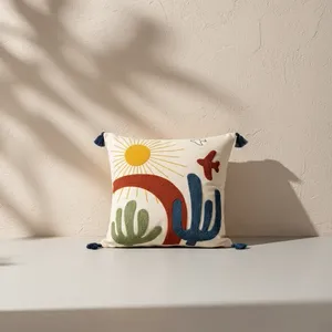 Moroccan Design Decorative Pillow <b>Cover</b> Square Embroidered <b>Cushion</b> <b>Cover</b> with Cactus Plant Dot Motif Inner Filling for Home Use - Product Image 2