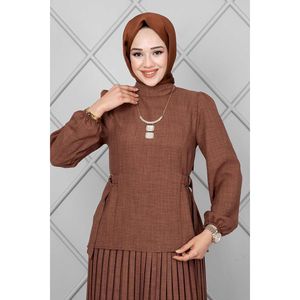 Hijab à Ceinture Latérale 2 Pièces Ensemble Marron - Product Image 1