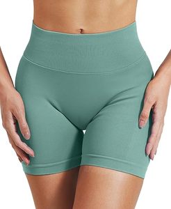 Pantalones cortos de motorista de cintura alta para mujer, precio al por mayor, sin costuras con decoración de patrón, levantamiento de glúteos a prueba de sentadillas para Yoga, gimnasio, entrenamiento - Product Image 4