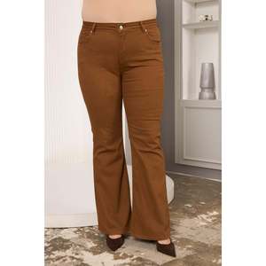 RMG Plus Size Women's Camel Cotton Blend Flare Leg <b>Pants</b> - Comfortable High Waist <b>Boot</b> Cut Trousers for Casual Wear - Product Image 5