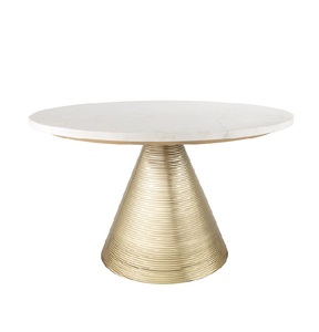 Table en marbre et métal au Design Unique, marbre blanc rond avec Base en forme de cône au fini doré - Product Image 1