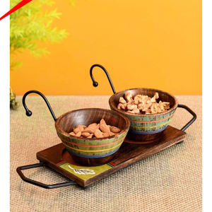 Handmade Decorative Wooden <b>Enamel</b> Serving Bowl with Golden Metal Stand and Wooden <b>Tray</b> Serving Bowl for Hotels Home Decor - Product Image 4