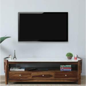 Meuble TV au design contemporain élégant Haslev bois de Sesham avec finition en teck provincial et dessus en marbre pour le salon - Product Image 1