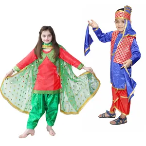 Venda por atacado de fantasia tradicional indiana para meninos e meninas do estado de Punjab, fantasia para festas com tema de shows de palco anuais