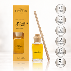 Diffuseur de parfum en bâtonnets à la cannelle et à l'orange, marque privée, 45 ml |   Parfum d'ambiance pour la maison aux senteurs d'agrumes et épicées |   Fabricant OEM Espagne - Product Image 1