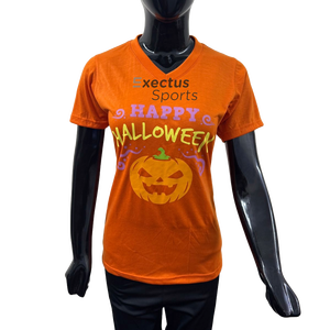 Wholesale Custom Halloween T-Shirts Orange V Neck Custom Logo <b>Print</b> Tee Shirts Cotton Polyester Woman's T-shirts - Product Image 1
