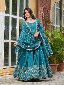 Ensemble Anarkali brodé bleu sarcelle de luxe Unity avec dupatta – Tenue de fête haut de gamme - Product Image 3