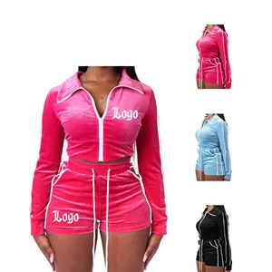 spring lounge wear 2023 Custom logo Wholesale Crop Velour Two Piece Tracksuit Zip Up hoodie Shorts Sets velvet Womens Breathable