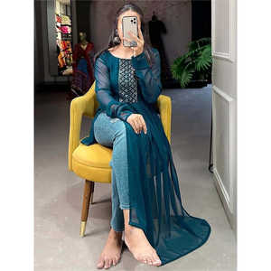 Kurti de fête en georgette brodée bleu sarcelle séduisant pour les tenues de club - Product Image 5