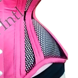 Corset rose vif en satin avec empiècements en résille, à baleines en acier, effet sablier, avec laçage serré |   COSH Intl - Product Image 6