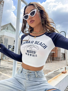 Moda sostenible de moda personalizada serigrafía Logo gráfico raglán manga larga Crop Tops camisetas para mujeres - Product Image 5