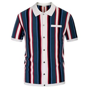 Camisas de punto informales de verano para hombre 2025, Polo de negocios de manga corta de punto a rayas de retales británicas para hombre - Product Image 5