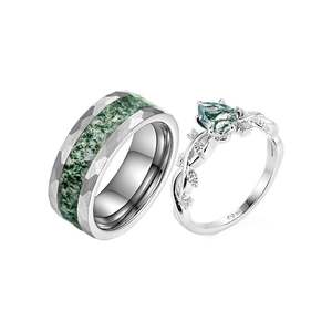 Jeulia Nature Inspired Moss Agate Wedding Couple <b>Rings</b> Set - Product Image 2