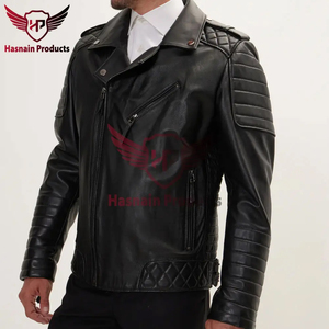 Blouson en cuir véritable noir pour homme, fermeture éclair asymétrique, manches matelassées en peau de mouton, style motard, matelassage losanges, veste d'hiver épaisse personnalisée - Product Image 3
