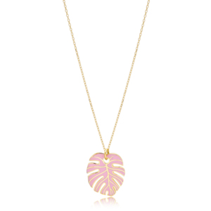 Collier avec pendentif en forme de feuille de palmier en émail rose, fabrication artisanale turque, vente en gros, bijoux en argent sterling 925 - Product Image 1