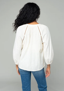 Blusa de algodón bordada de ajuste relajado con cuello mandarín 3/4 mangas raglán y borla con cuello en V-Estilo informal para todas las estaciones - Product Image 4