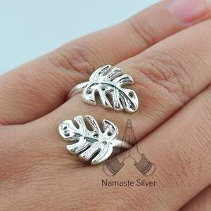 Adjustable Boho Monstera Leaf Sterling <b>Silver</b> <b>Statement</b> <b>Ring</b> Handmade for Palm Plant Lover Birthday Anniversary Gift for Her - Product Image 1